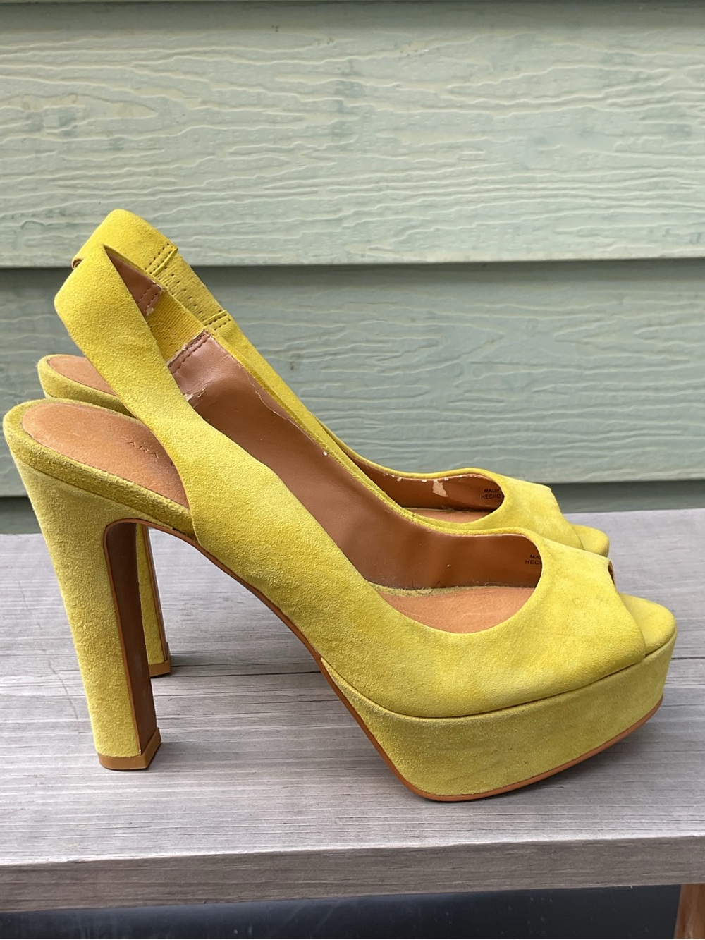 Zara Lime Yellow Suede Peep-Toe Platform Slingback Stacked Heels